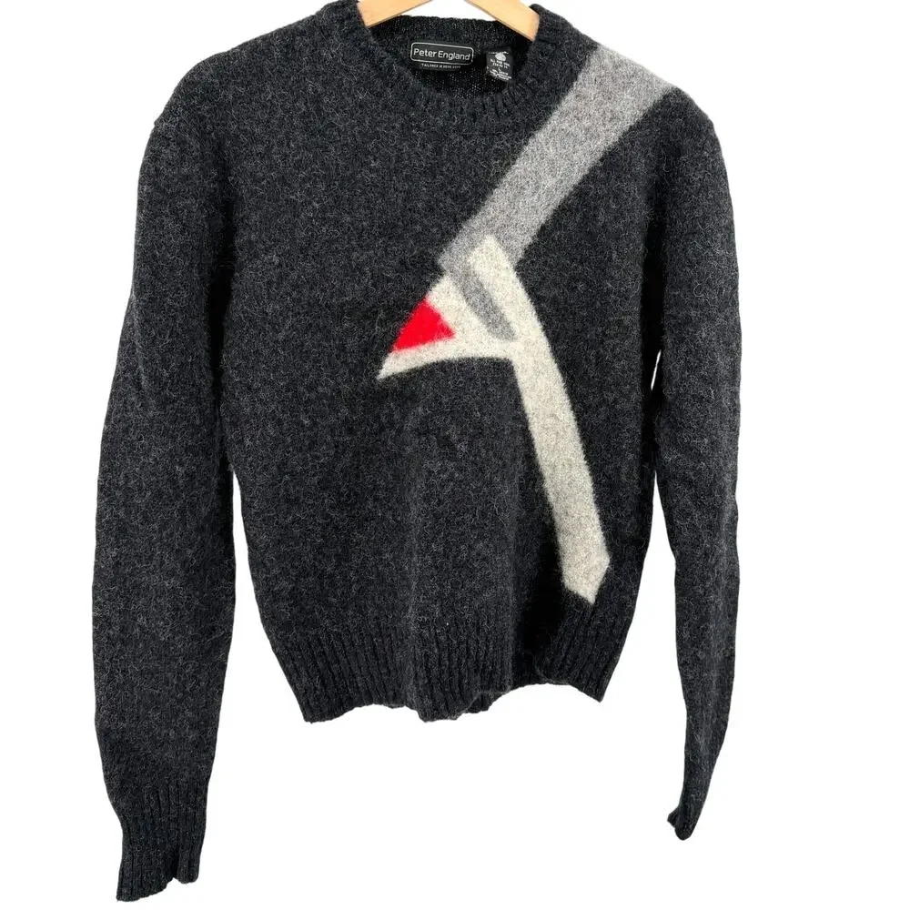 Vintage 80s Peter England Grey Shetland Wool Colorblock Crewneck Sweater